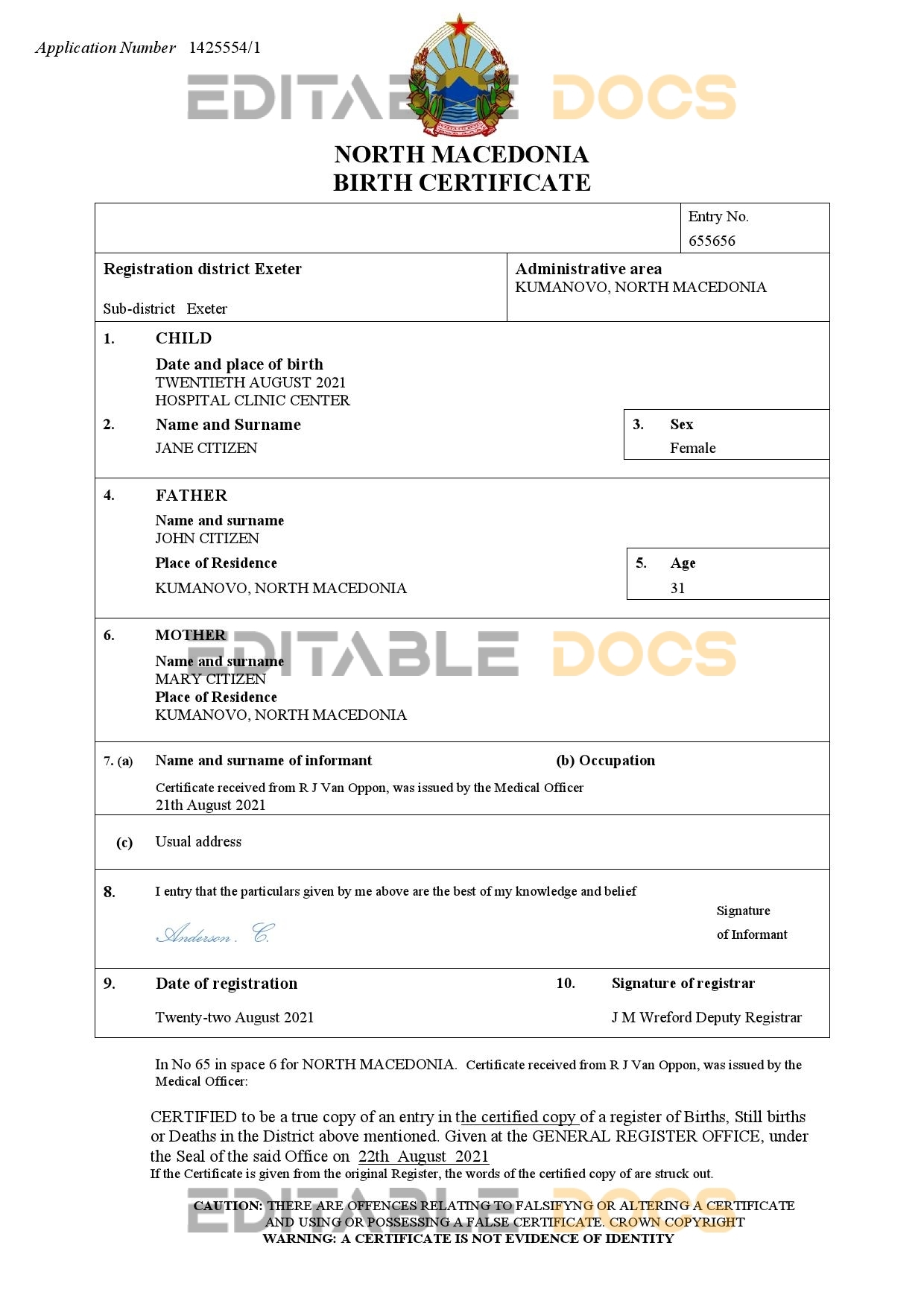 Authentic North Macedonia vital record Birth Certificate Template | Customize and Download Online