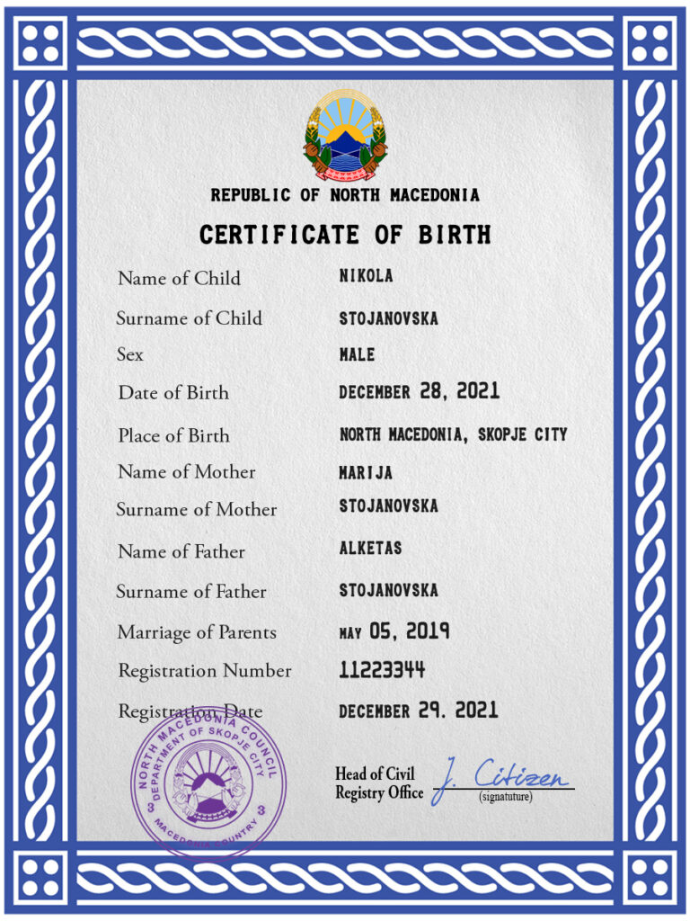 Authentic North Macedonia Birth Certificate Template | Customize and Download Online