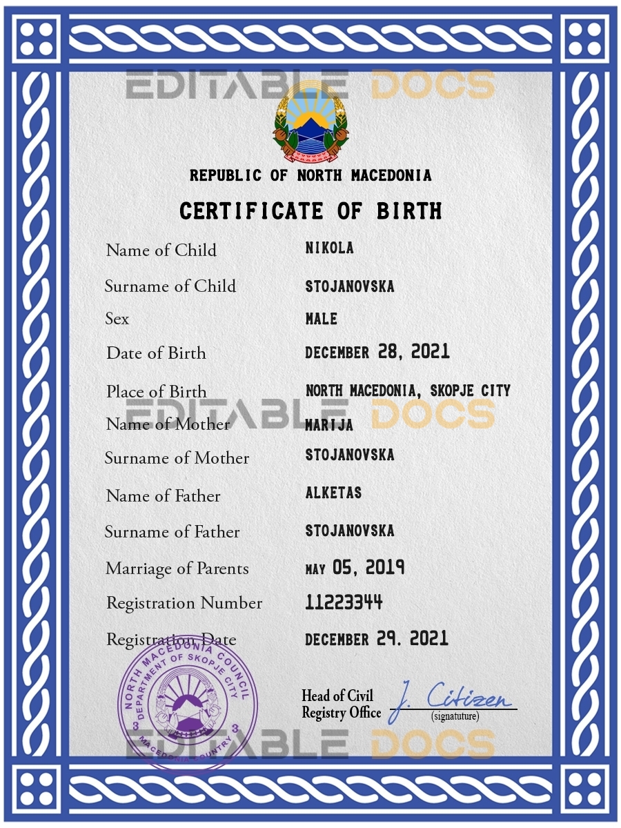 Authentic North Macedonia Birth Certificate Template | Customize and Download Online