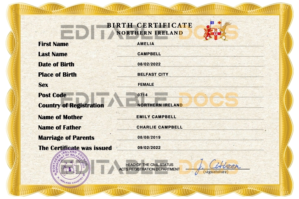 Authentic Northern Ireland Birth Certificate Template | Customize and Download Online