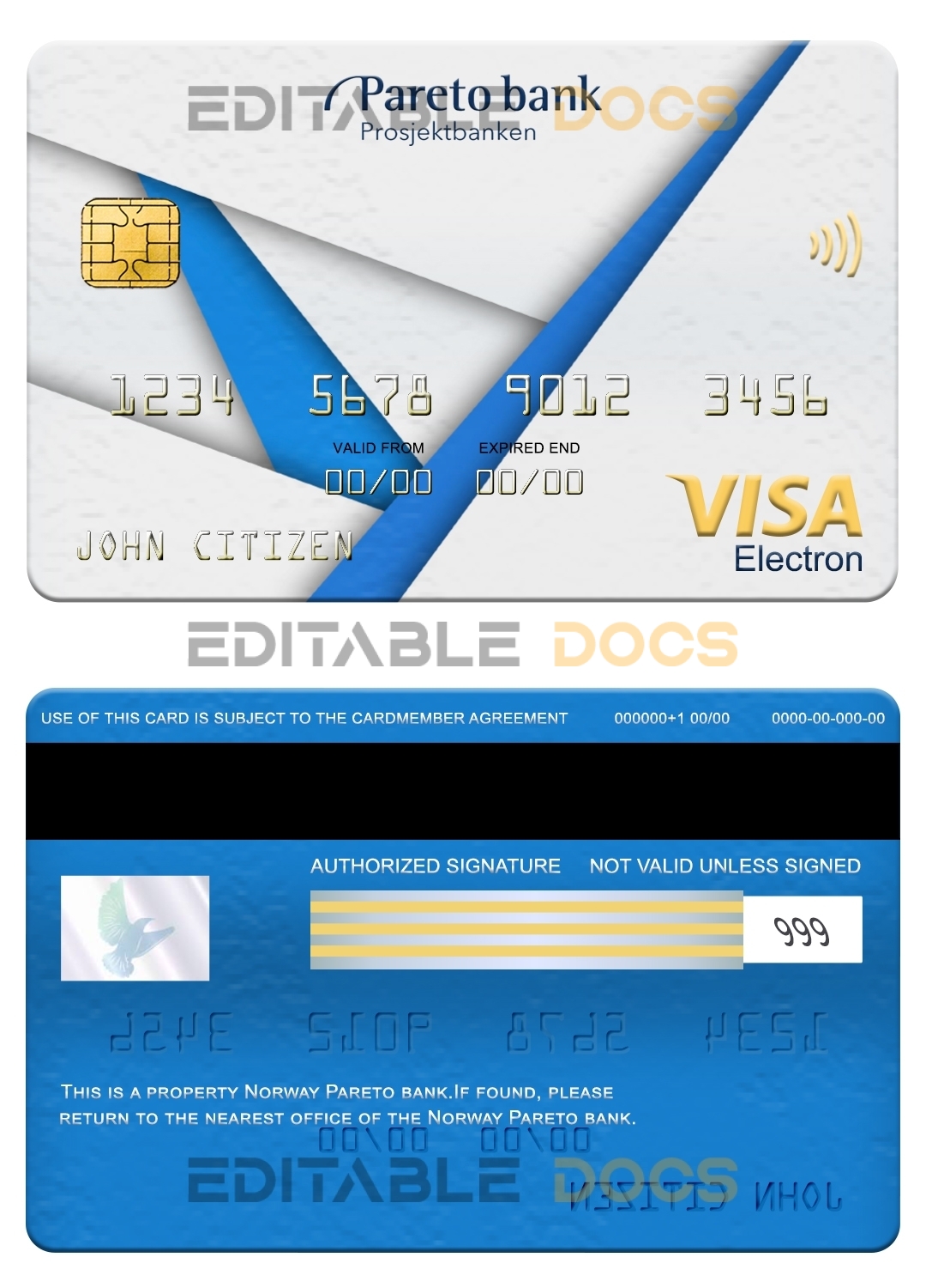 Editable Norway Pareto bank visa electron card Templates in PSD Format