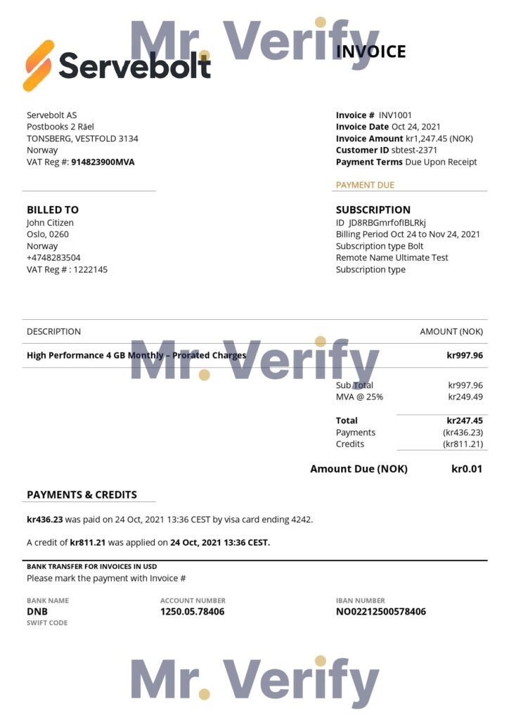 High-Quality Norway Servebolt high performance hosting company Invoice Template PDF | Fully Editable