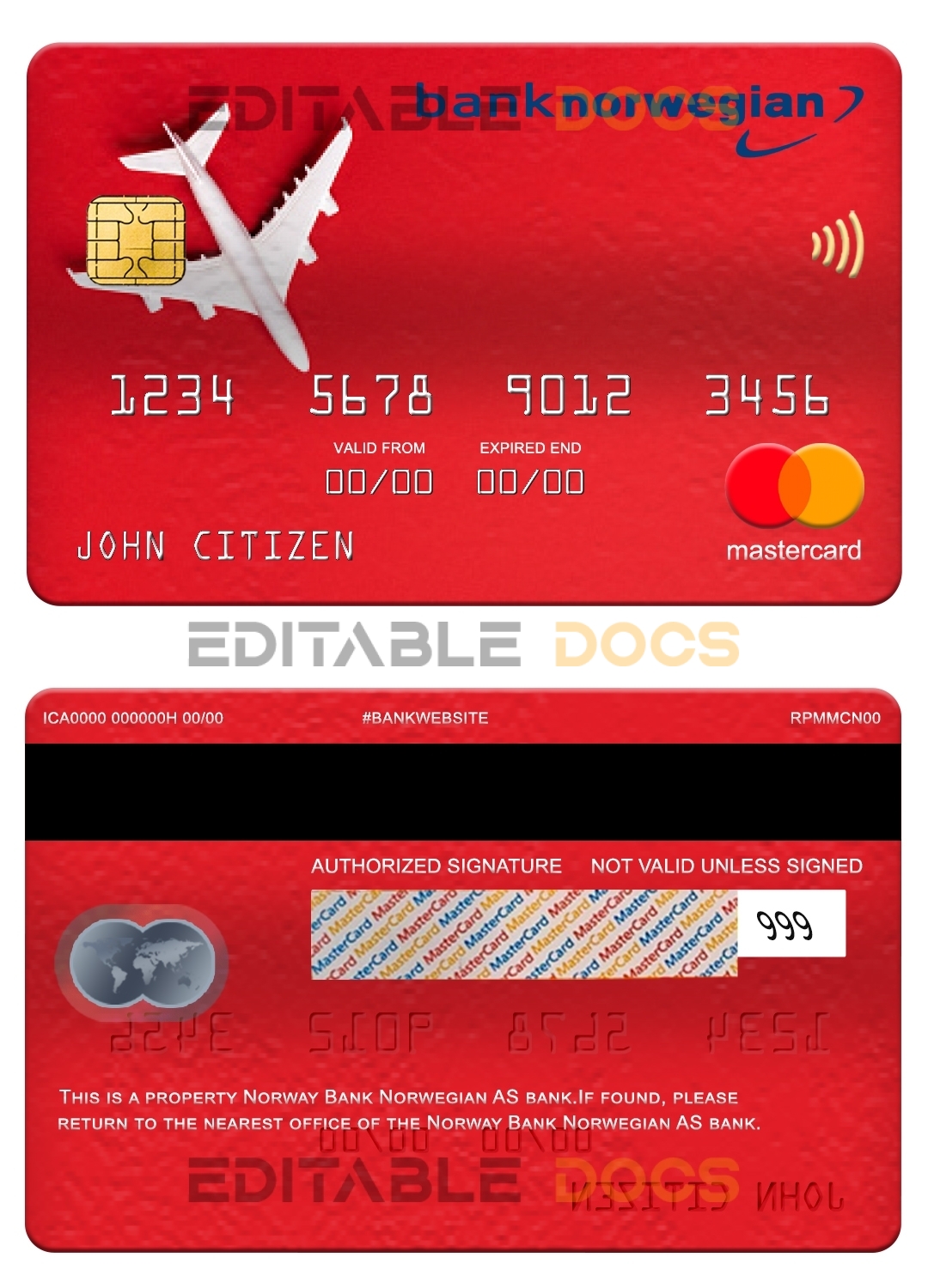 Editable Norway bank Norwegian AS bank mastercard Templates in PSD Format