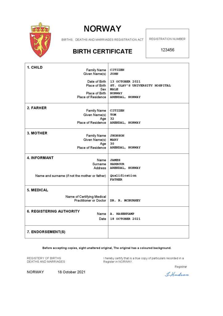 Norway birth certificate Word and PDF template, completely editable