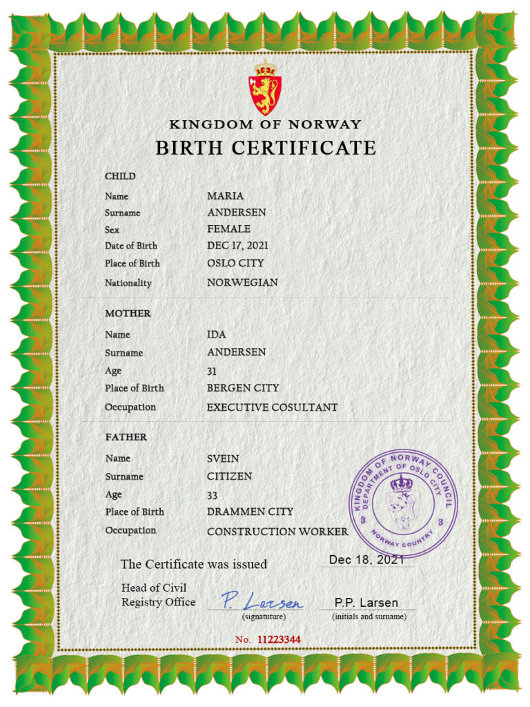 Authentic Norway Birth Certificate Template | Customize and Download Online