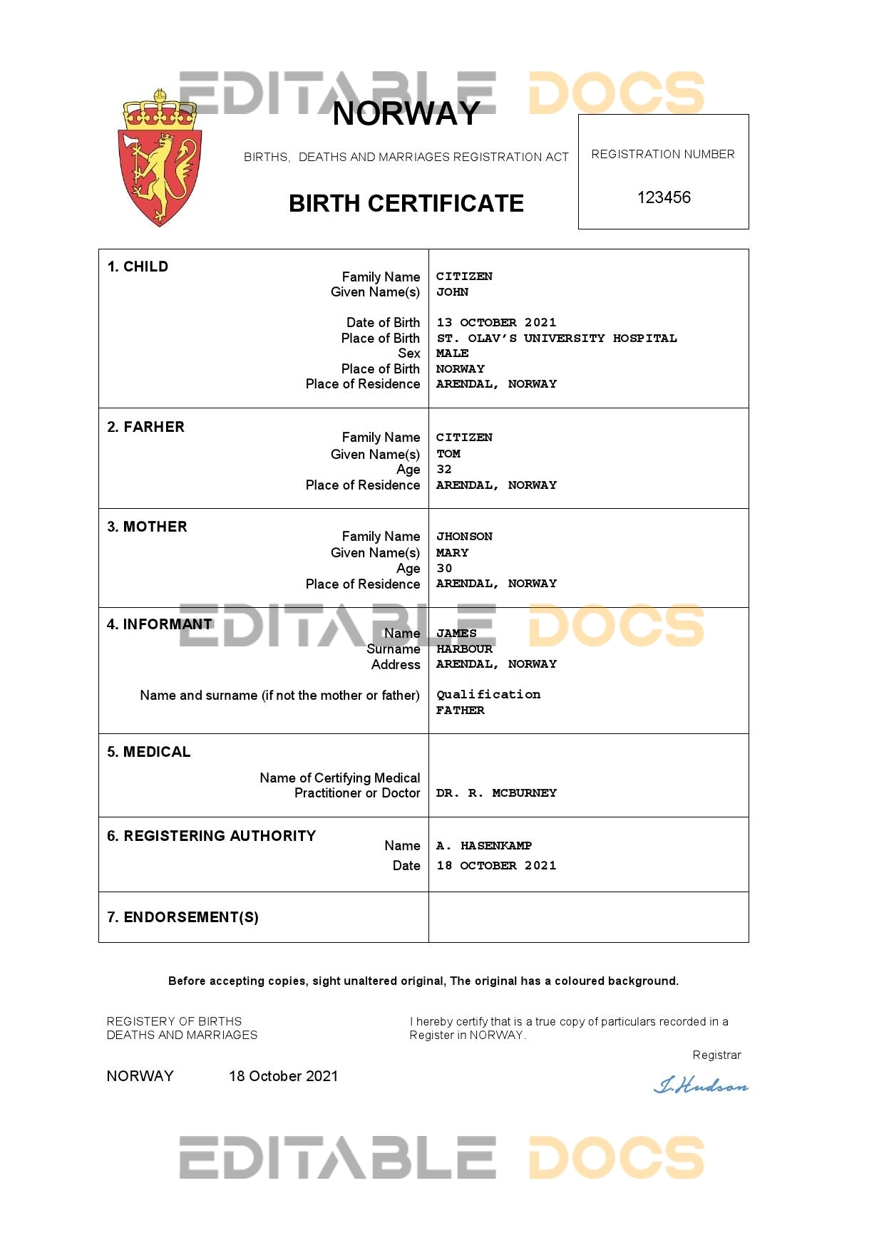 Authentic Norway Birth Certificate Template | Customize and Download Online
