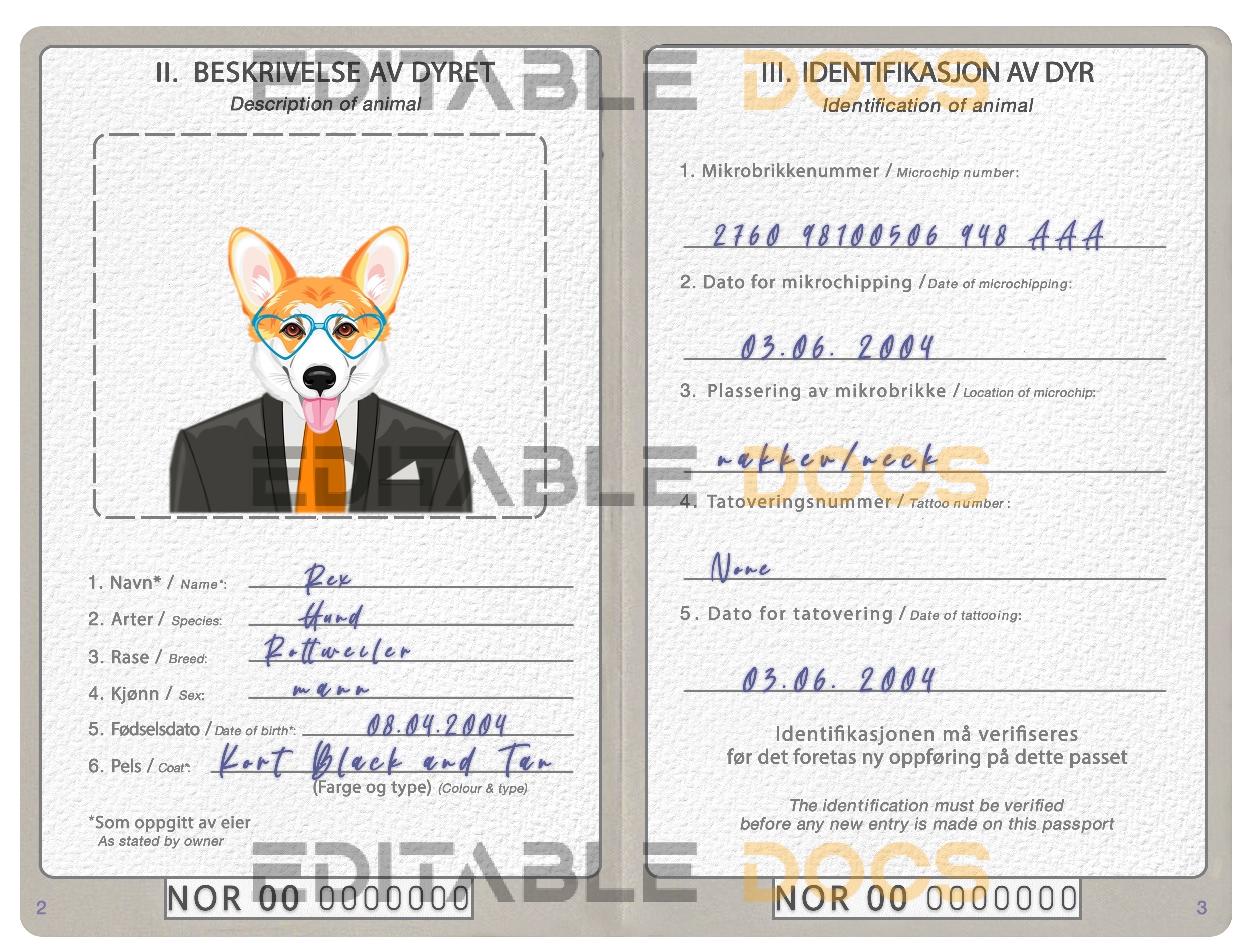 Norway dog Fake PSD Passport | Instant Download