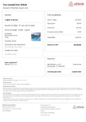 Customizable Oman Airbnb Reservation Template | Word & PDF Formats