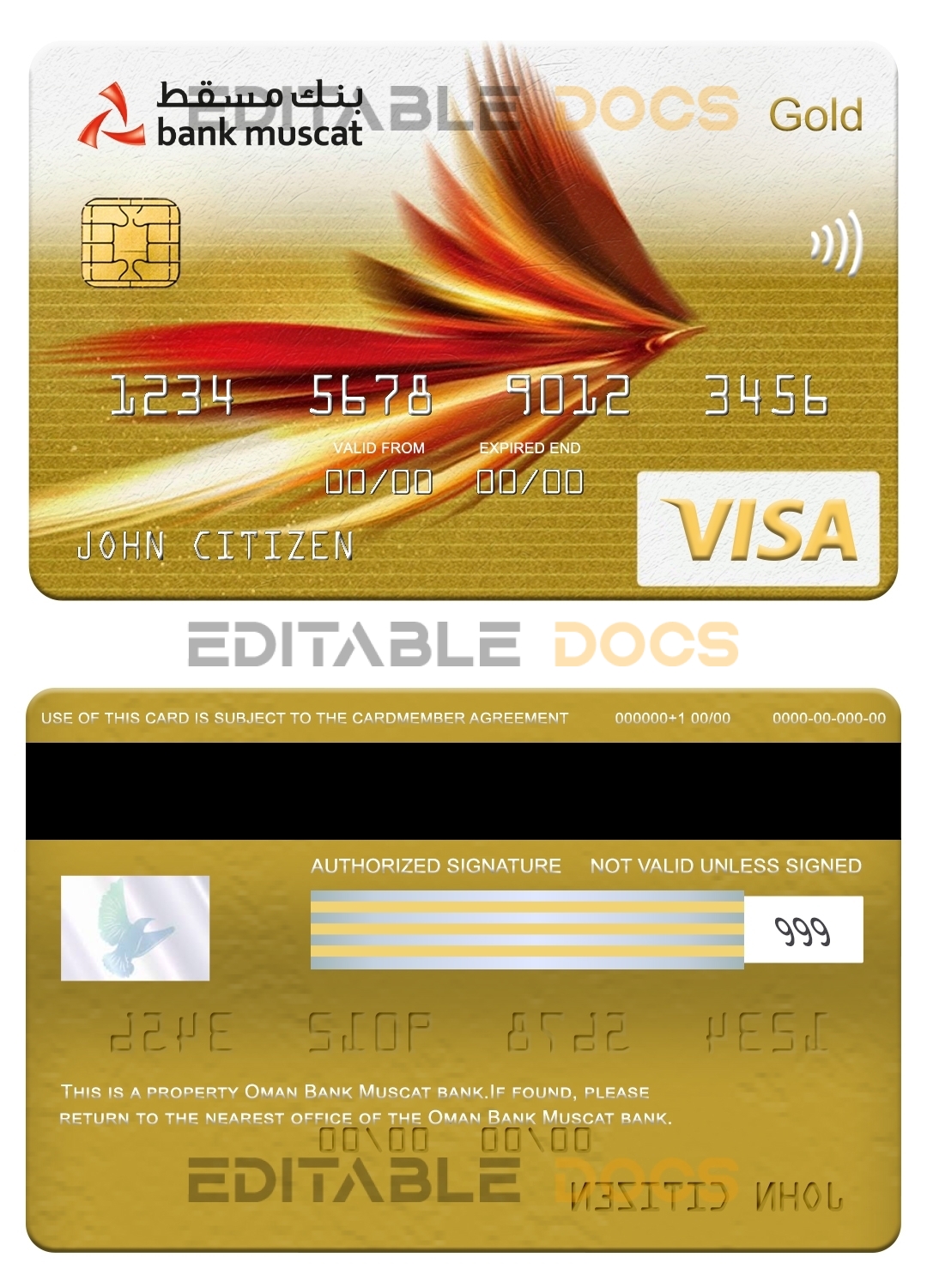 Editable Oman Bank Muscat visa gold card Templates in PSD Format