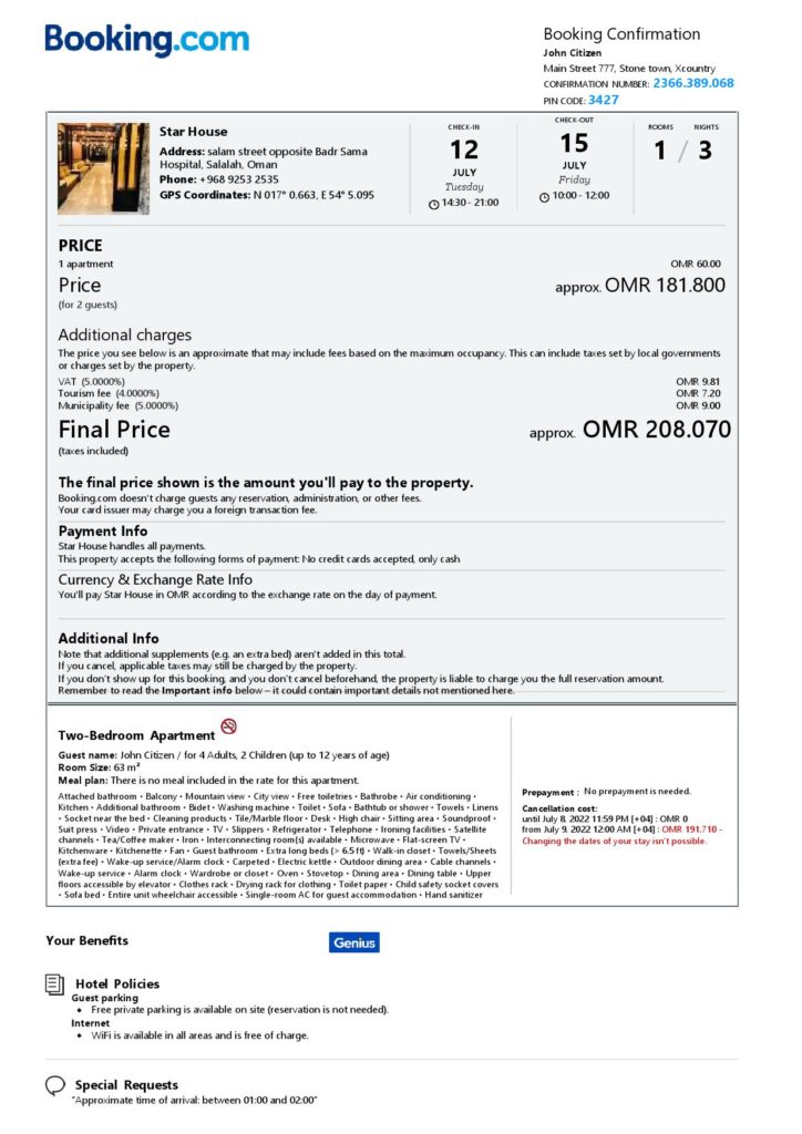 Editable Oman Hotel Booking Form Template | Fillable PDF