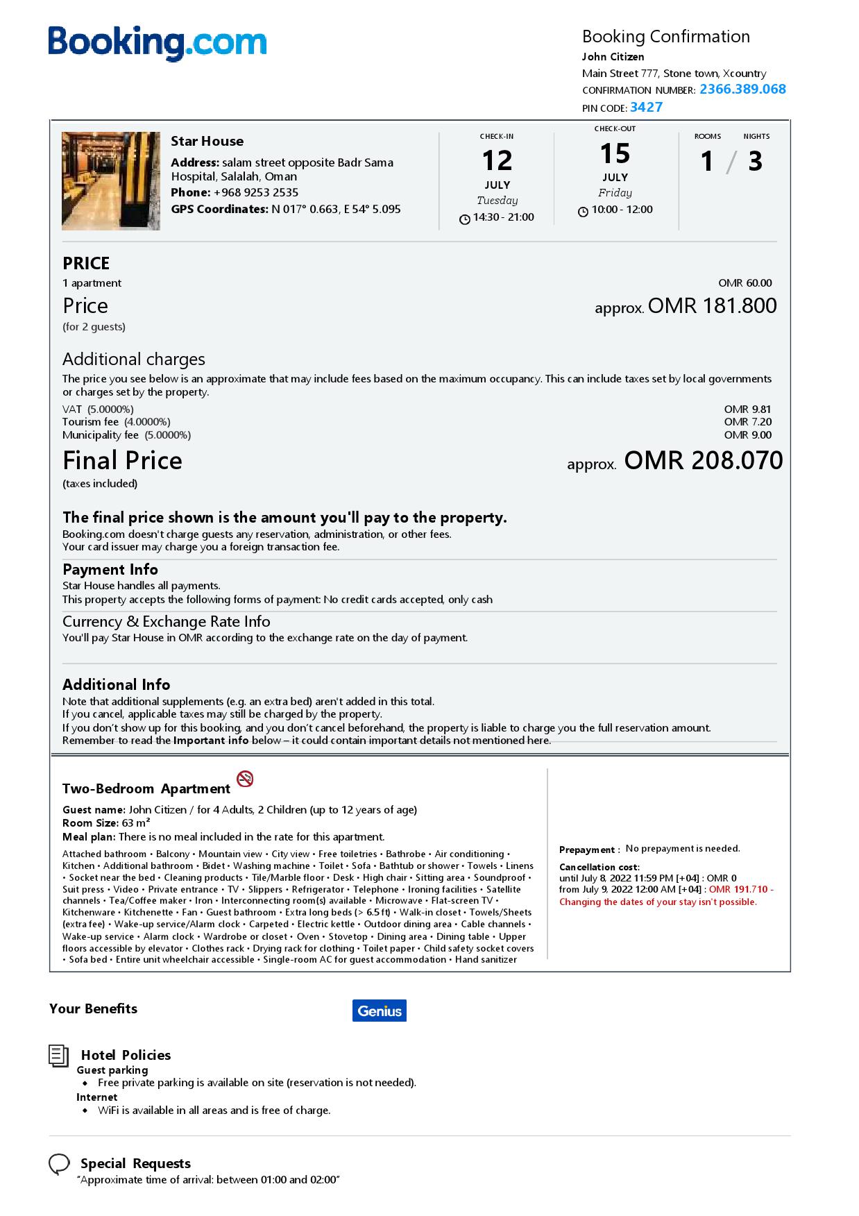 Editable Oman Hotel Booking Form Template | Fillable PDF