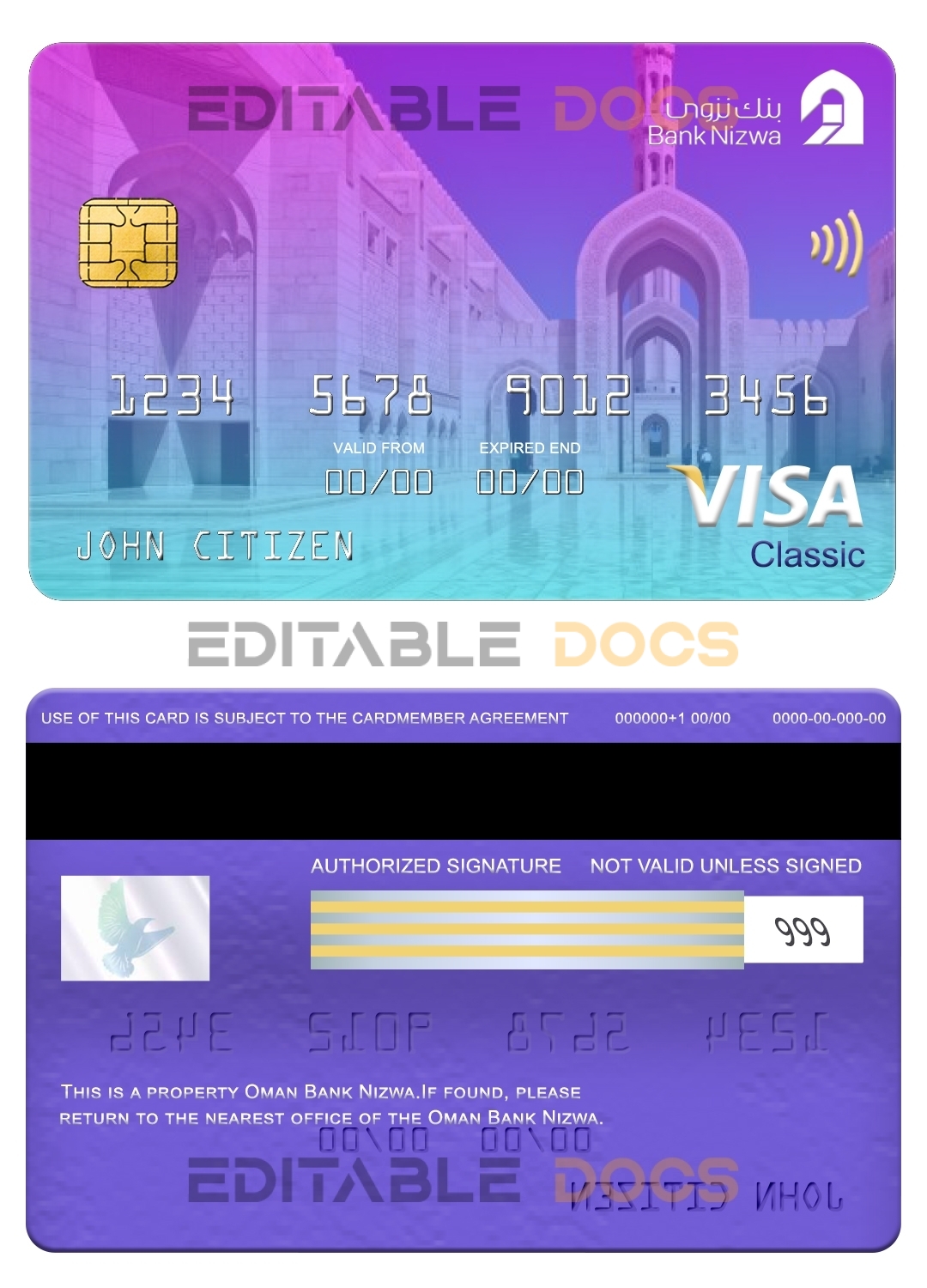 Editable Oman bank Nizwa visa classic card Templates in PSD Format