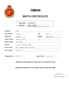 Oman birth certificate Word and PDF template, completely editable
