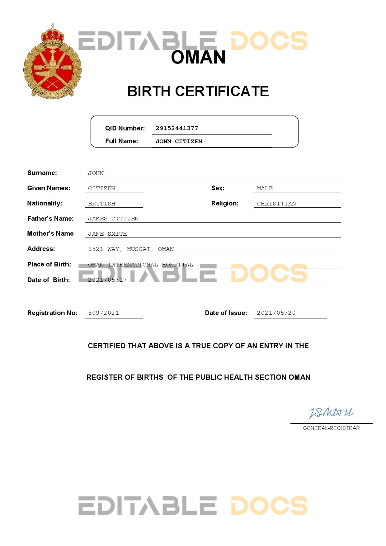 Authentic Oman Birth Certificate Template | Customize and Download Online