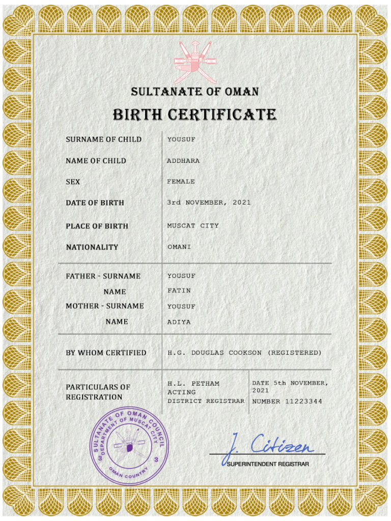 Oman vital record birth certificate PSD template