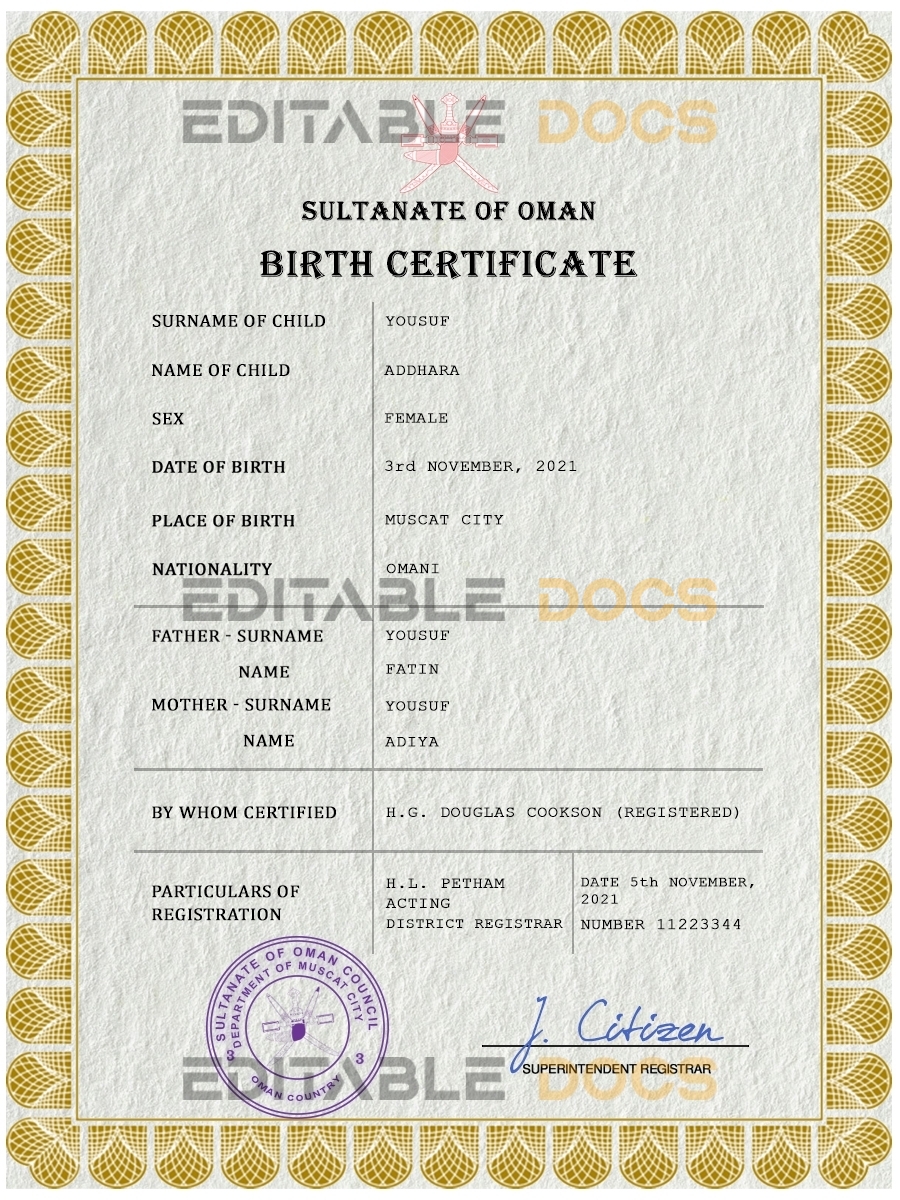 Authentic Oman Birth Certificate Template | Customize and Download Online