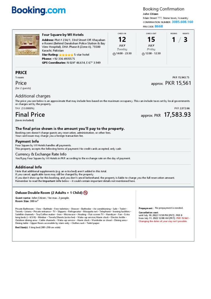 Editable Pakistan Hotel Booking Form Template | Fillable PDF