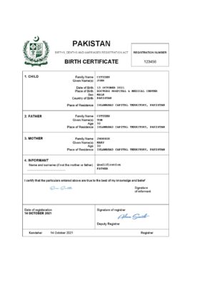 Pakistan vital record birth certificate Word and PDF template, completely editable
