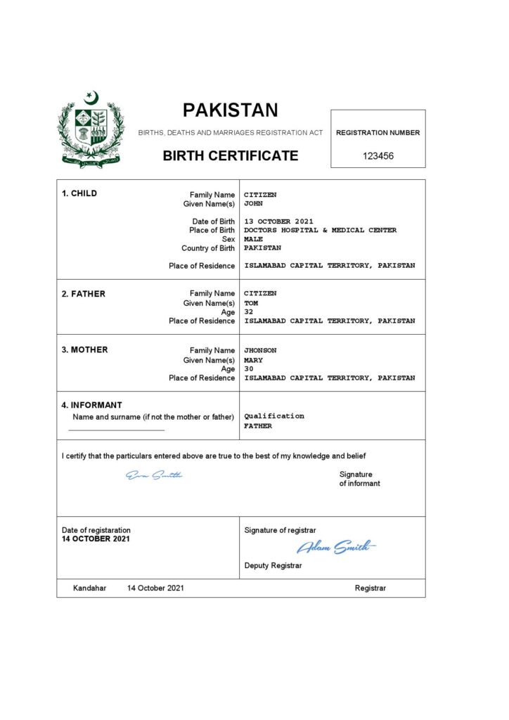 Pakistan vital record birth certificate Word and PDF template, completely editable