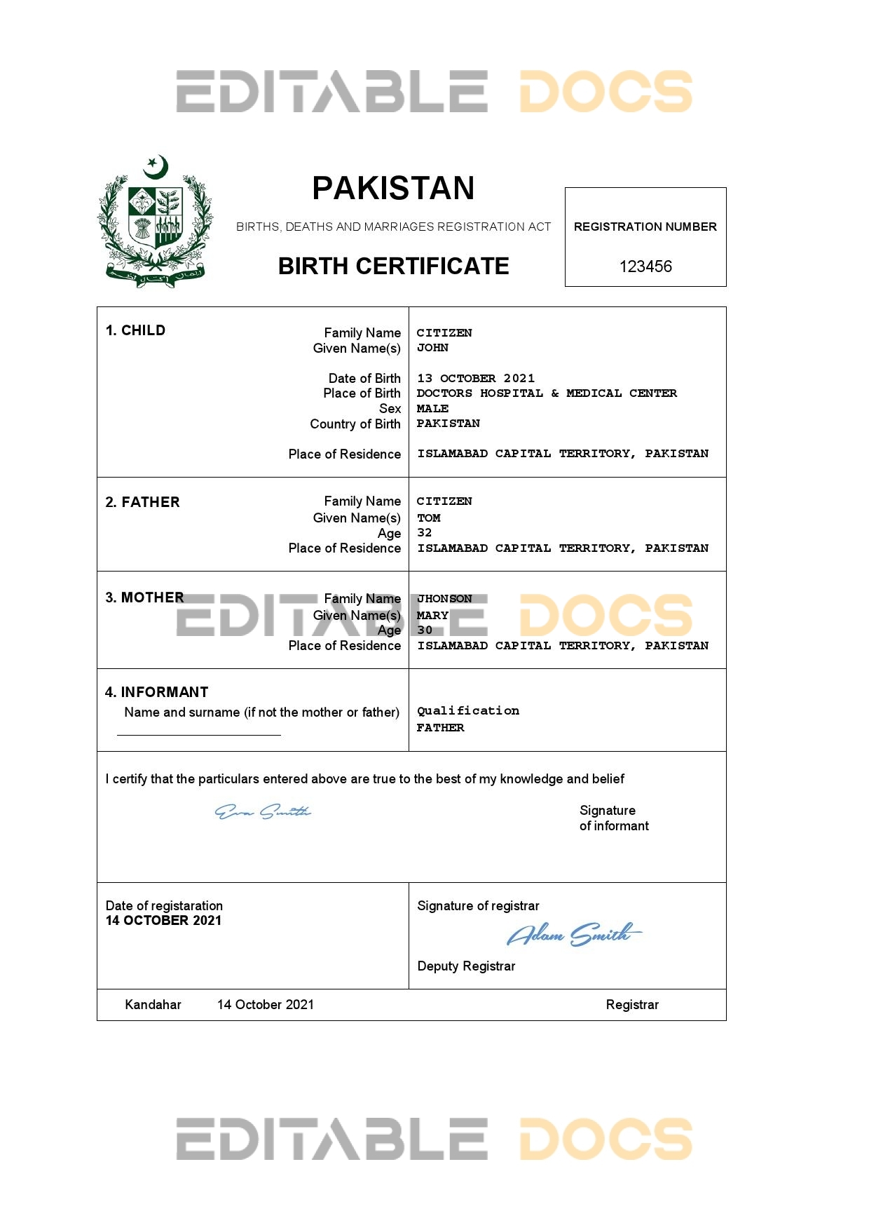 Authentic Pakistan Birth Certificate Template | Customize and Download Online