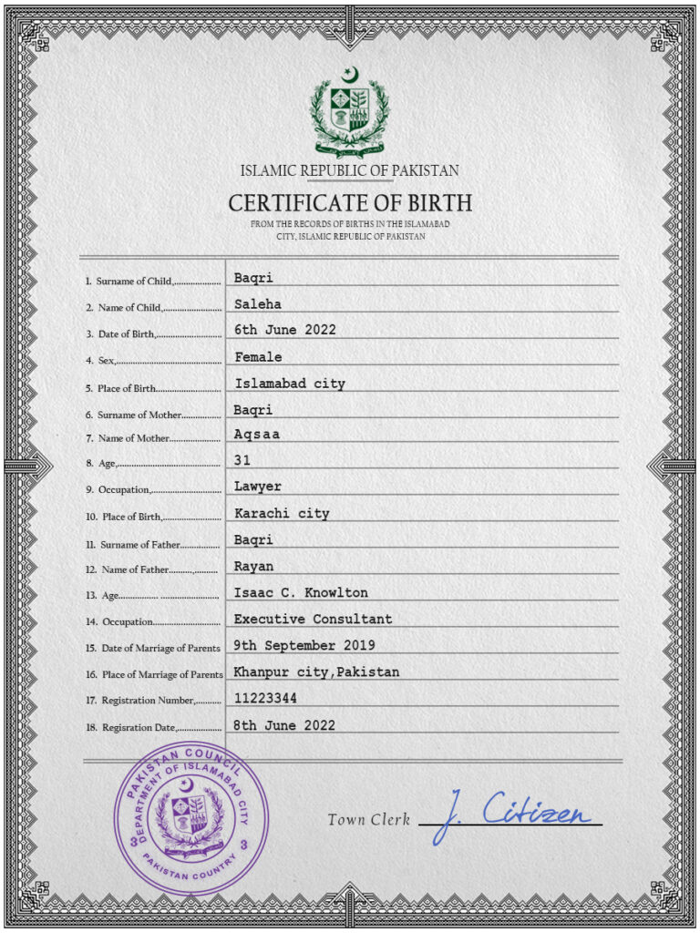 Authentic Pakistan Birth Certificate Template | Customize and Download Online
