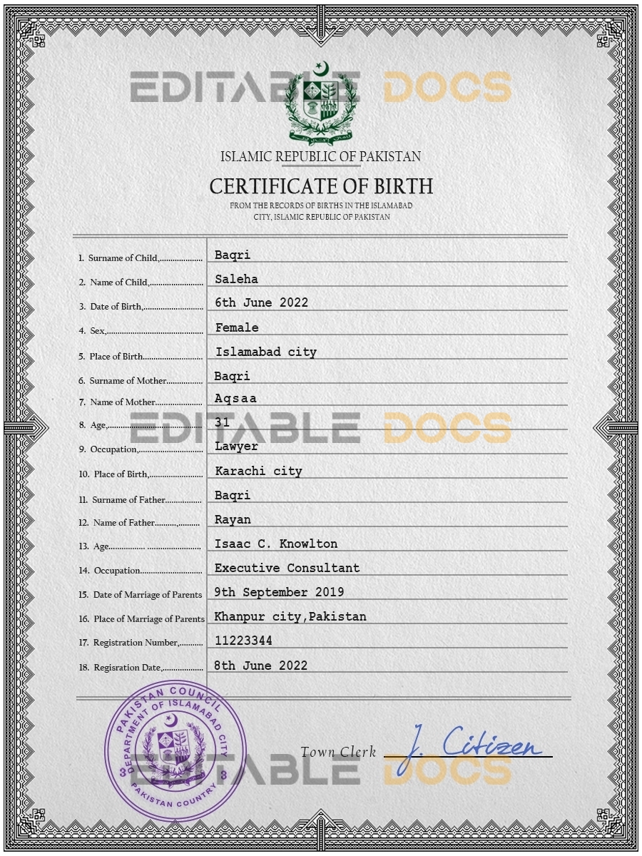 Authentic Pakistan Birth Certificate Template | Customize and Download Online