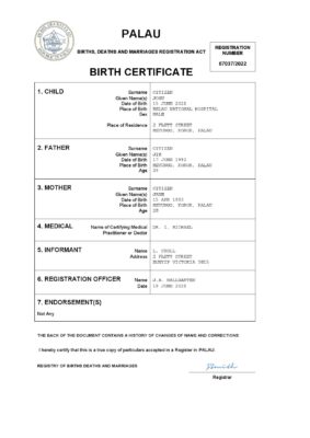 Palau birth certificate Word and PDF template, completely editable