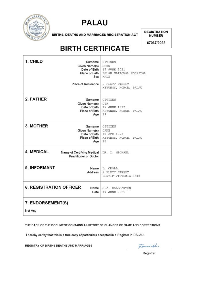 Palau birth certificate Word and PDF template, completely editable