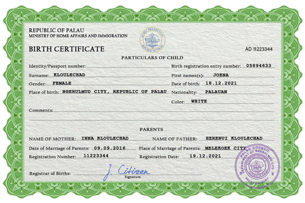 Palau birth certificate PSD template, completely editable