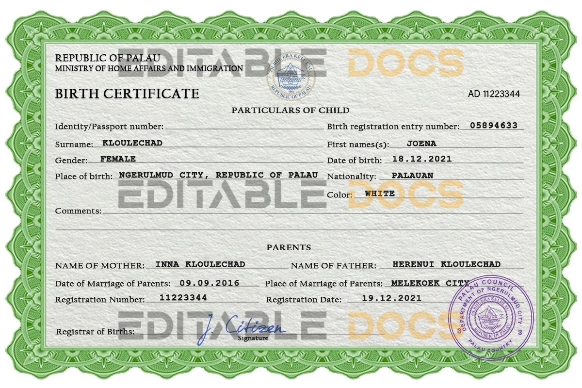 Authentic Palau Birth Certificate Template | Customize and Download Online