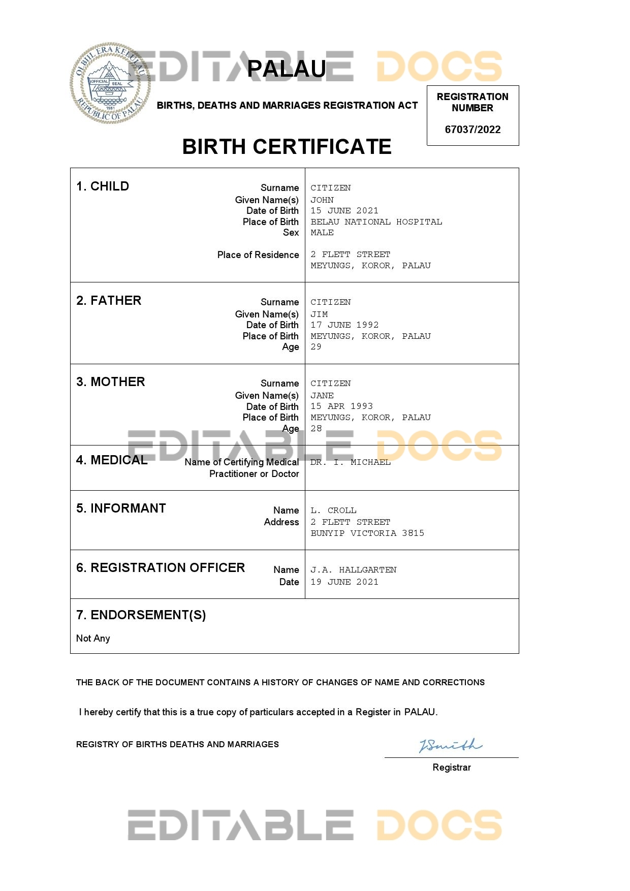 Authentic Palau Birth Certificate Template | Customize and Download Online