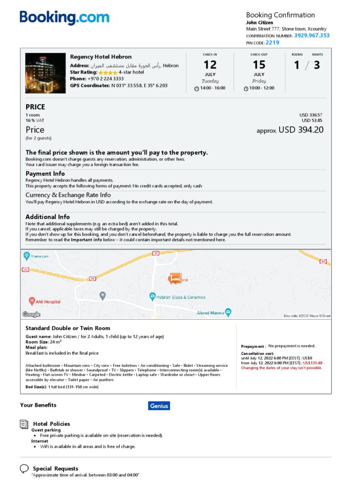 Editable Palestine Hotel Booking Form Template | Fillable PDF
