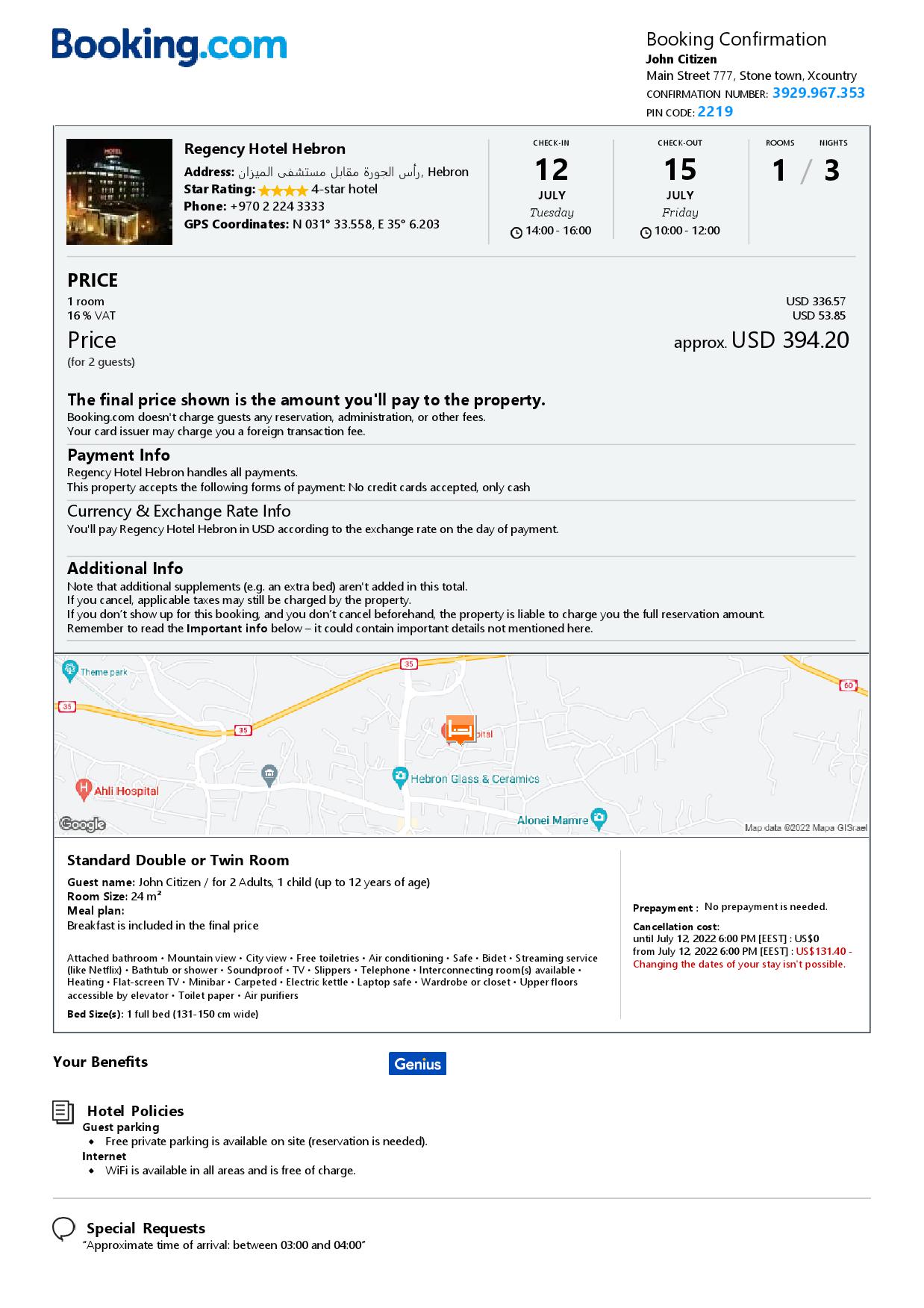 Editable Palestine Hotel Booking Form Template | Fillable PDF