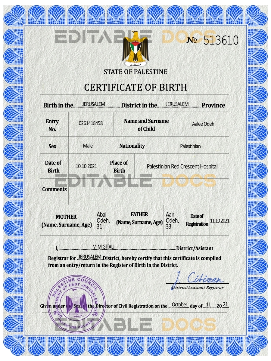 Authentic Palestine Birth Certificate Template | Customize and Download Online