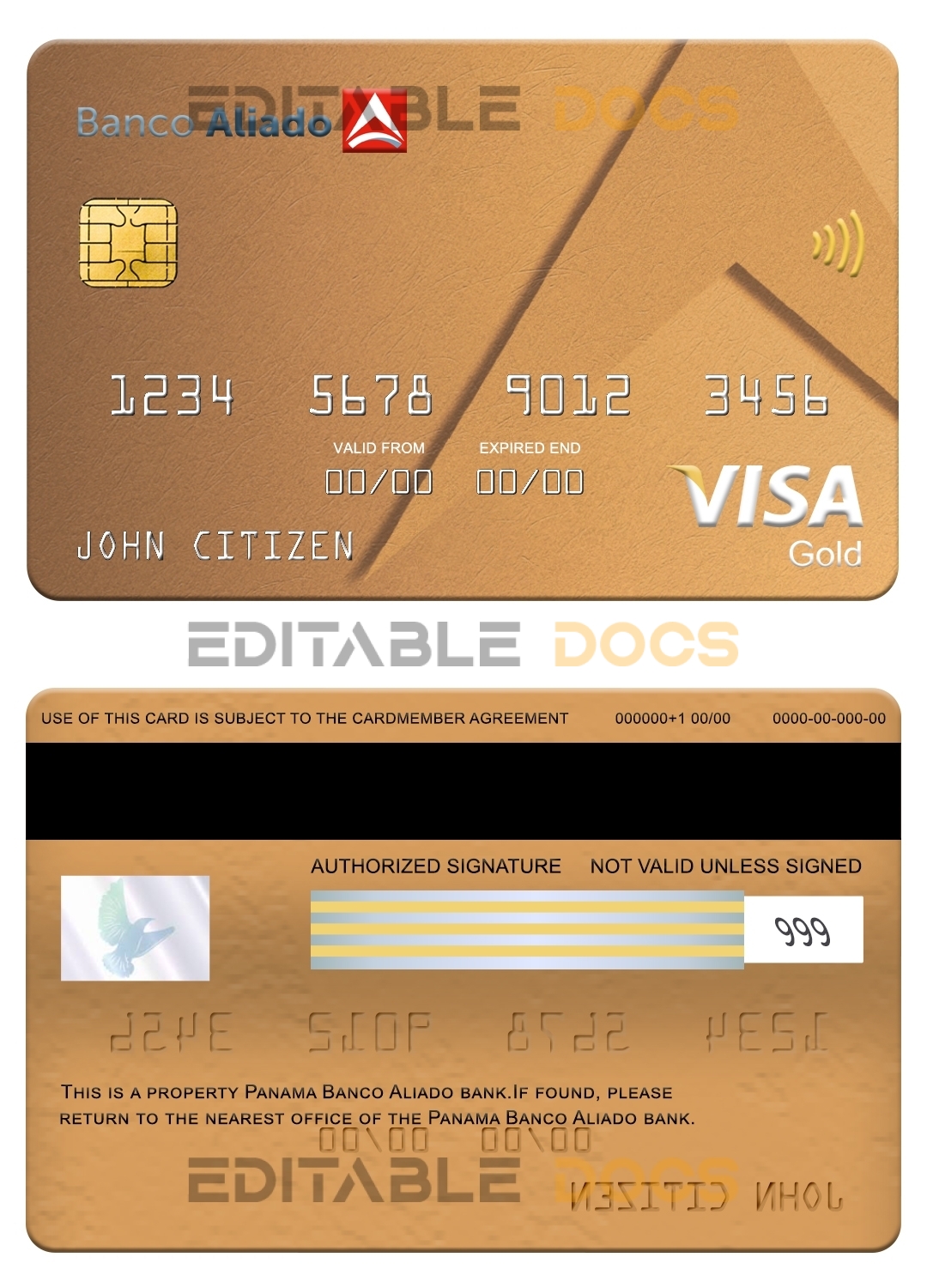 Editable Panama Banco Aliado bank visa gold card Templates in PSD Format