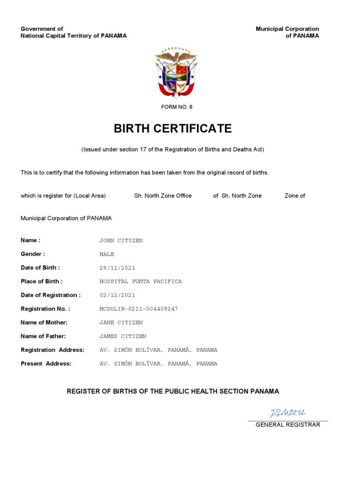 Panama birth certificate Word and PDF template, completely editable