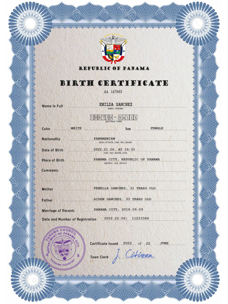 Panama vital record birth certificate PSD template, fully editable