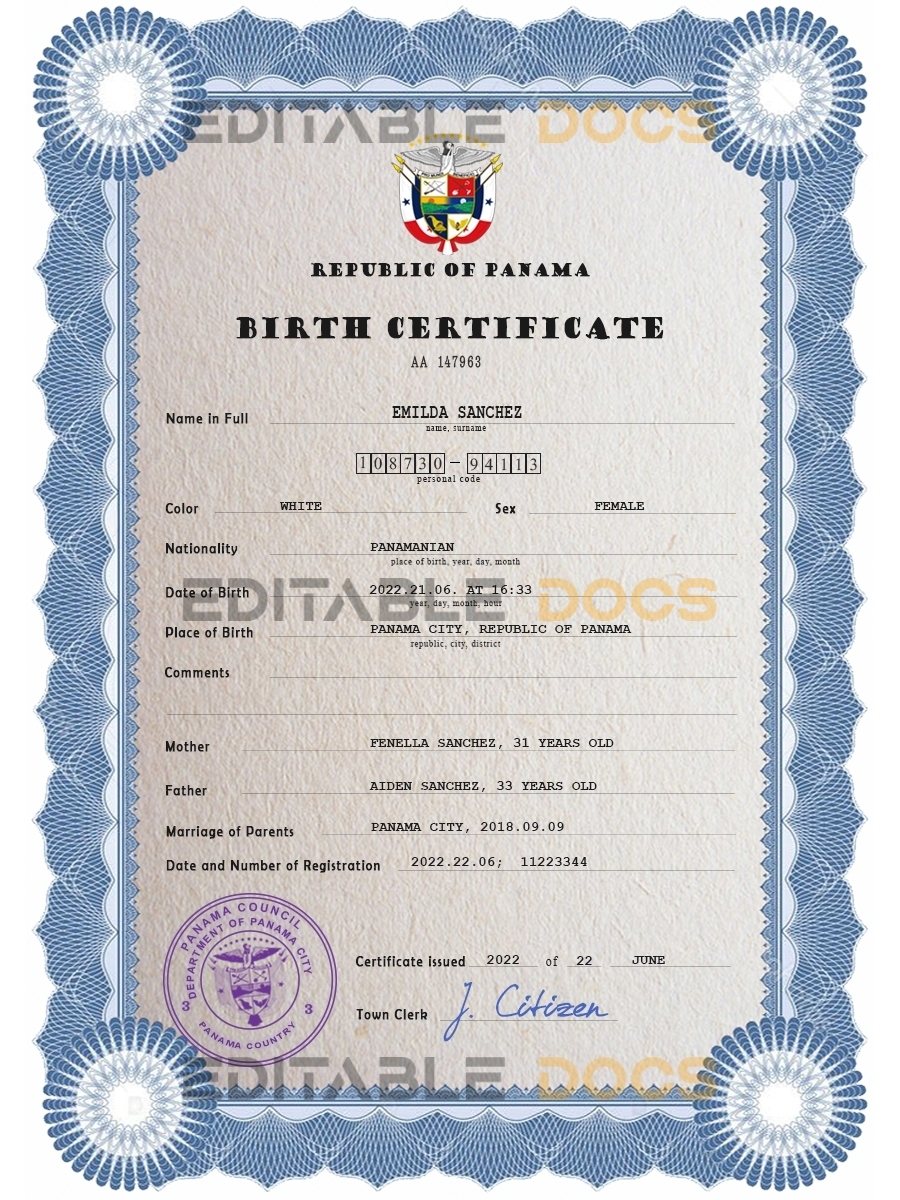 Authentic Panama Birth Certificate Template | Customize and Download Online