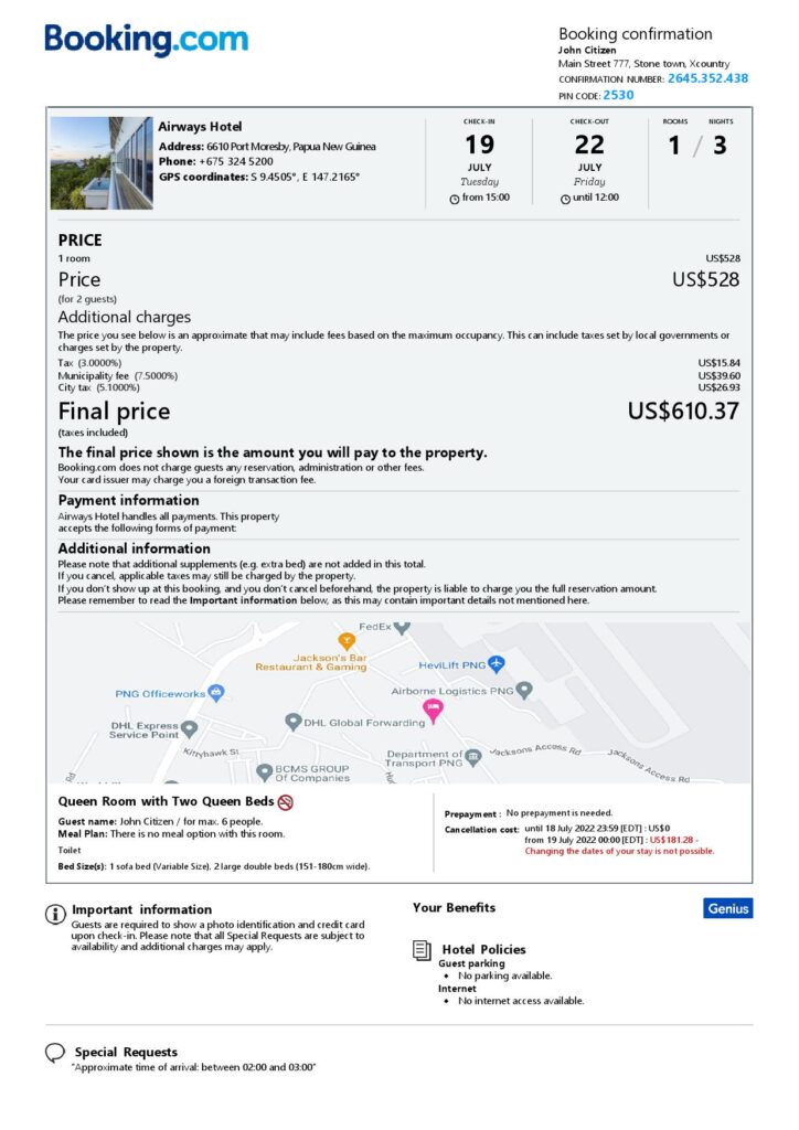 Editable Papua New Guinea Hotel Booking Form Template | Fillable PDF