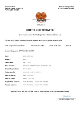 Papua New Guinea vital record birth certificate Word and PDF template, completely editable