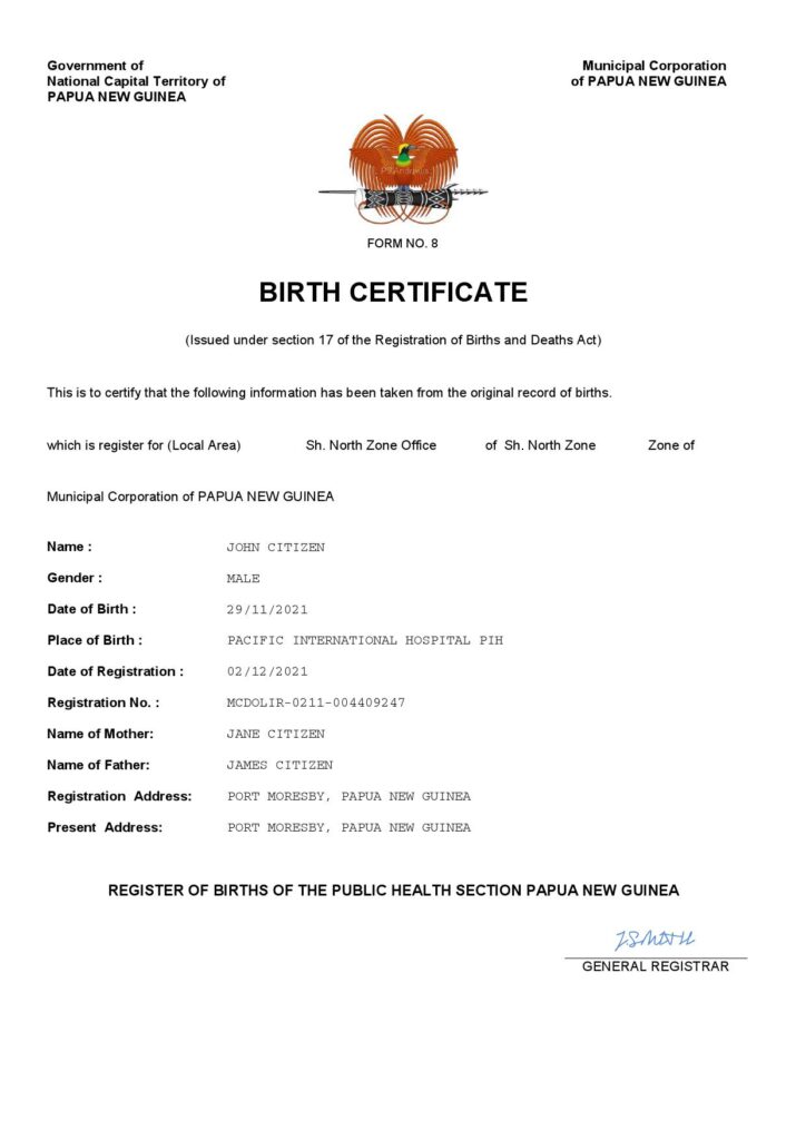Papua New Guinea vital record birth certificate Word and PDF template, completely editable