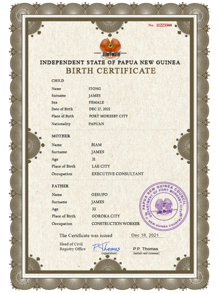 Authentic Papua New Guinea Birth Certificate Template | Customize and Download Online