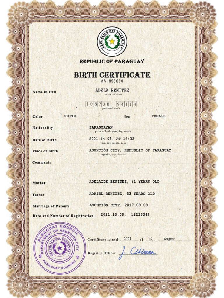 Authentic Paraguay Birth Certificate Template | Customize and Download Online