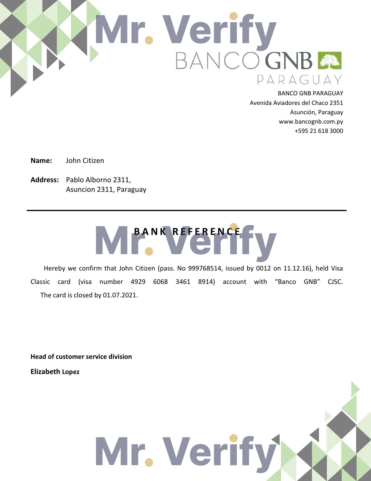 Download Paraguay Banco GNB Bank Reference Letter Templates | Editable Word