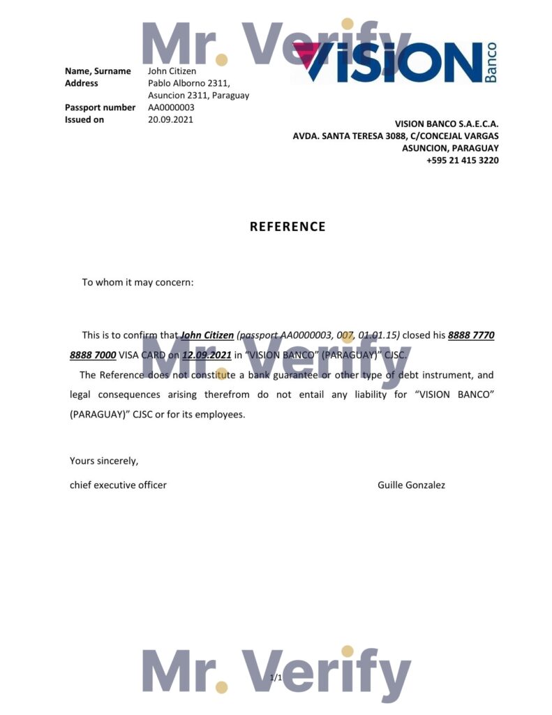 Download Paraguay Vision Banco Bank Reference Letter Templates Editable Word