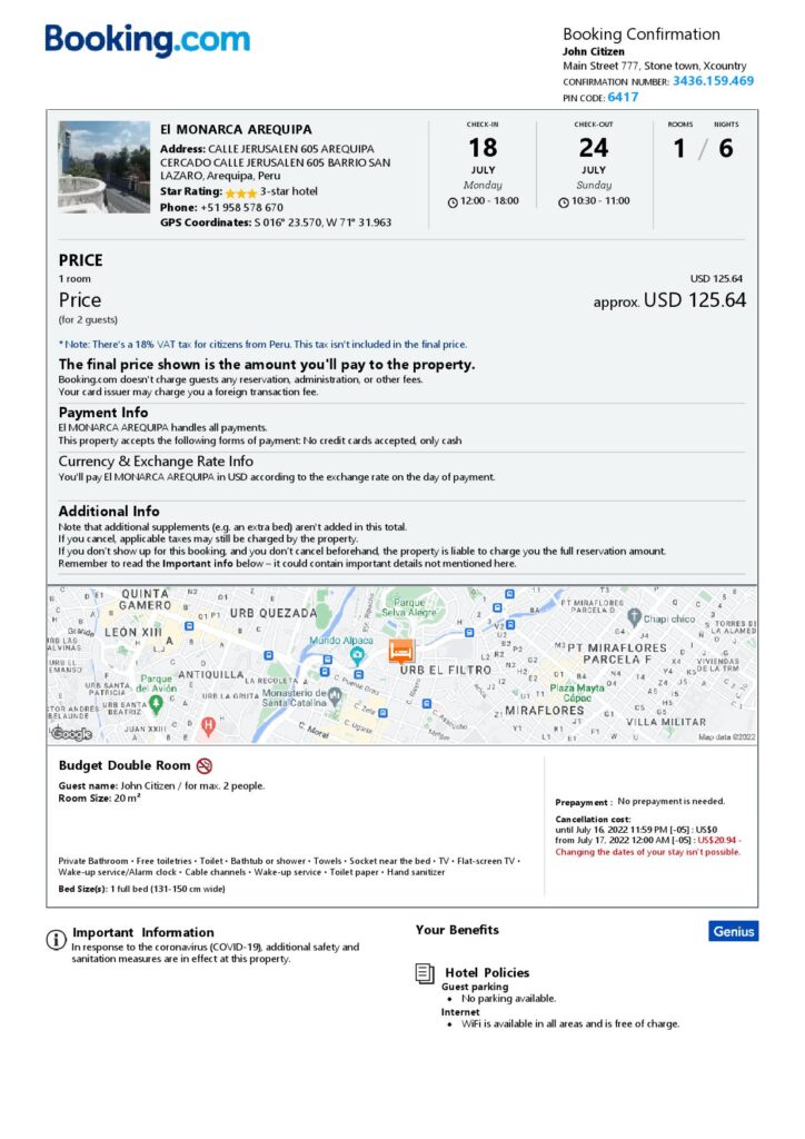 Editable Peru Hotel Booking Form Template | Fillable PDF