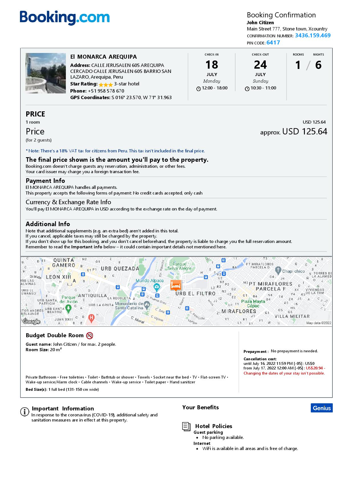 Editable Peru Hotel Booking Form Template | Fillable PDF