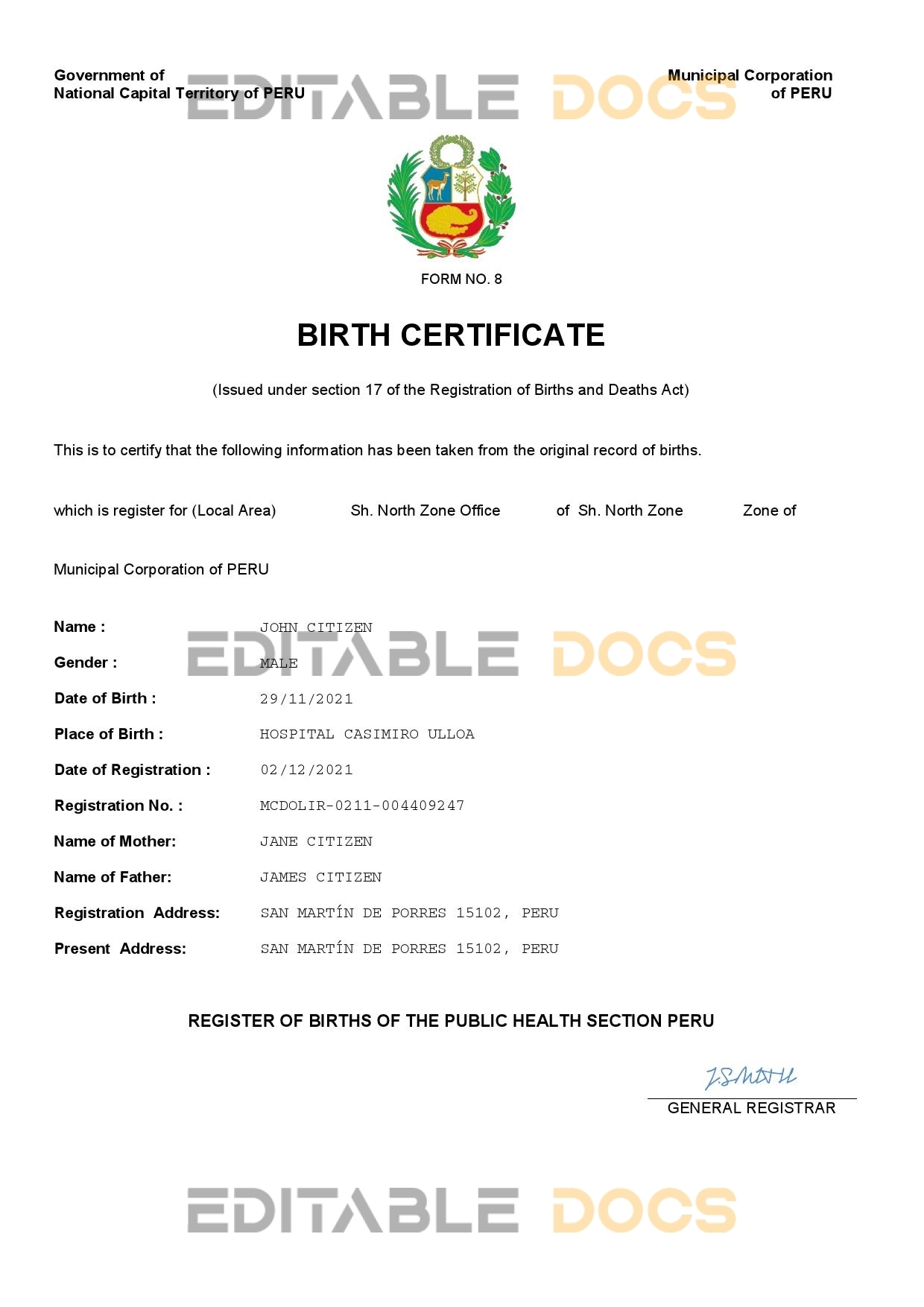 Authentic Peru Birth Certificate Template | Customize and Download Online