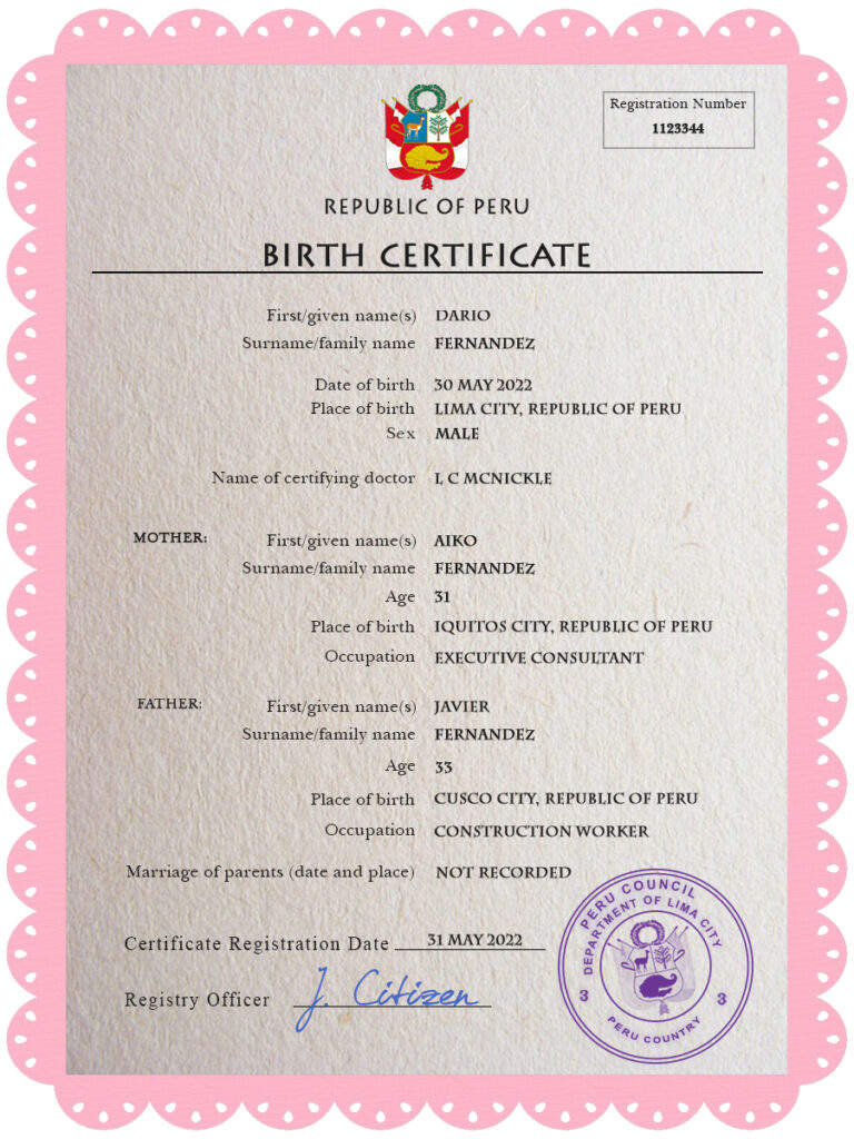 Peru vital record birth certificate PSD template, fully editable