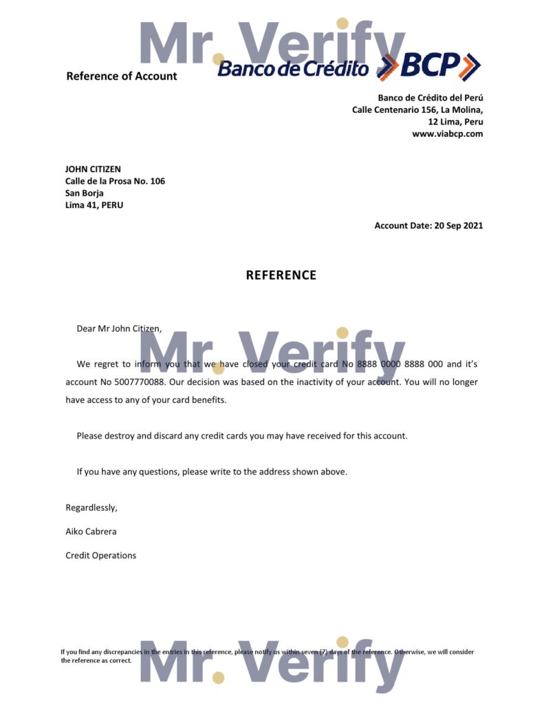 Download Peru Banco de Credito Bank Reference Letter Templates | Editable Word